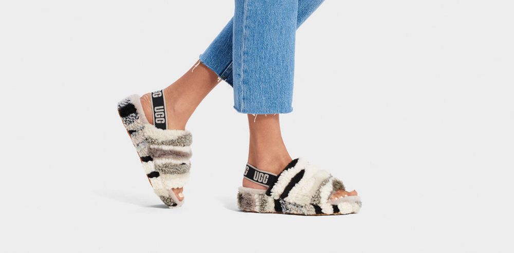 Ugg Fluff Yeah Cali Collage - Womens Slides - Black / Grey - NZ (2074ZIMPA)